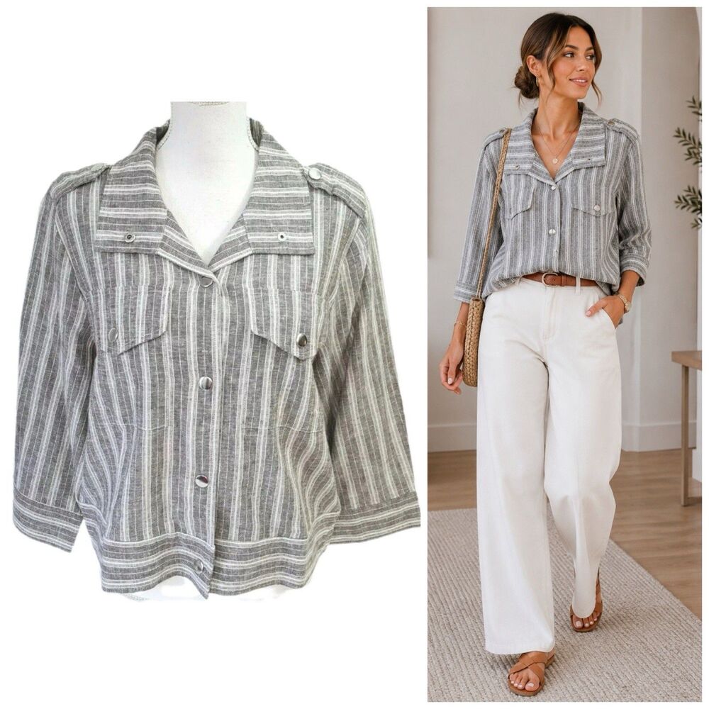 Christopher & Banks Blazer Women Medium Linen Brown Stripe Jacket Epaulet Pocket